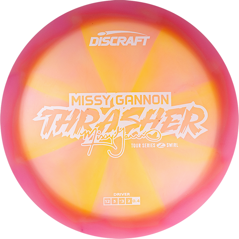 Discraft Z Swirl Thrasher driver disc, Missy Gannon 2025 Tour Series stamp, peach and dark yellow disc