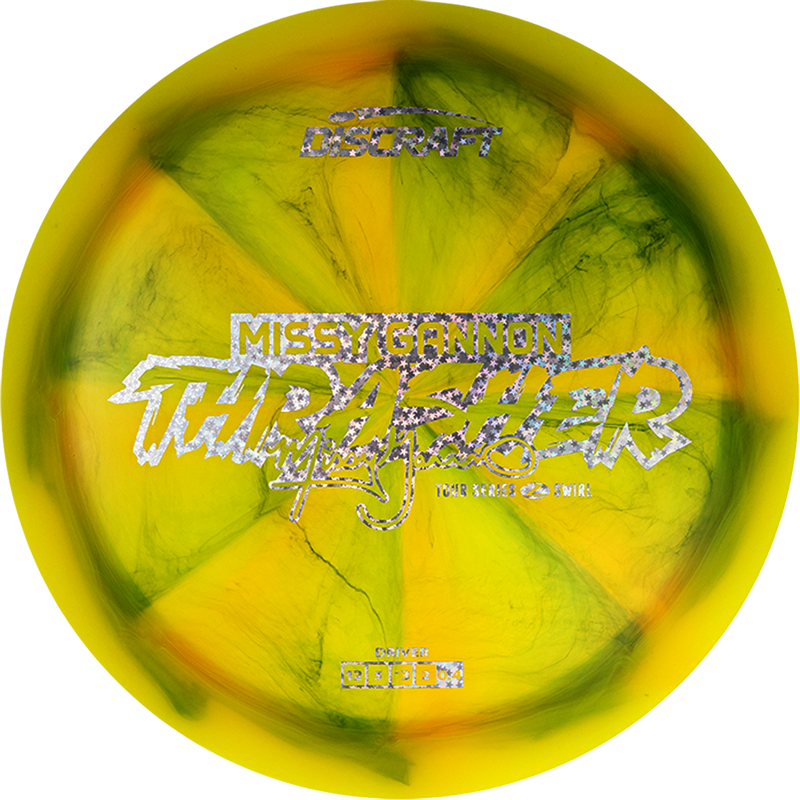 Discraft Z Swirl Thrasher driver disc, Missy Gannon 2025 Tour Series stamp, yellow and green disc