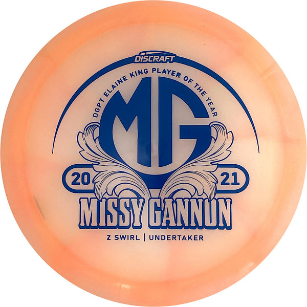 Discraft Z Swirl Undertaker driver disc, Missy Gannon 2021 DGPT Player Of The Year stamp, peach and pink disc