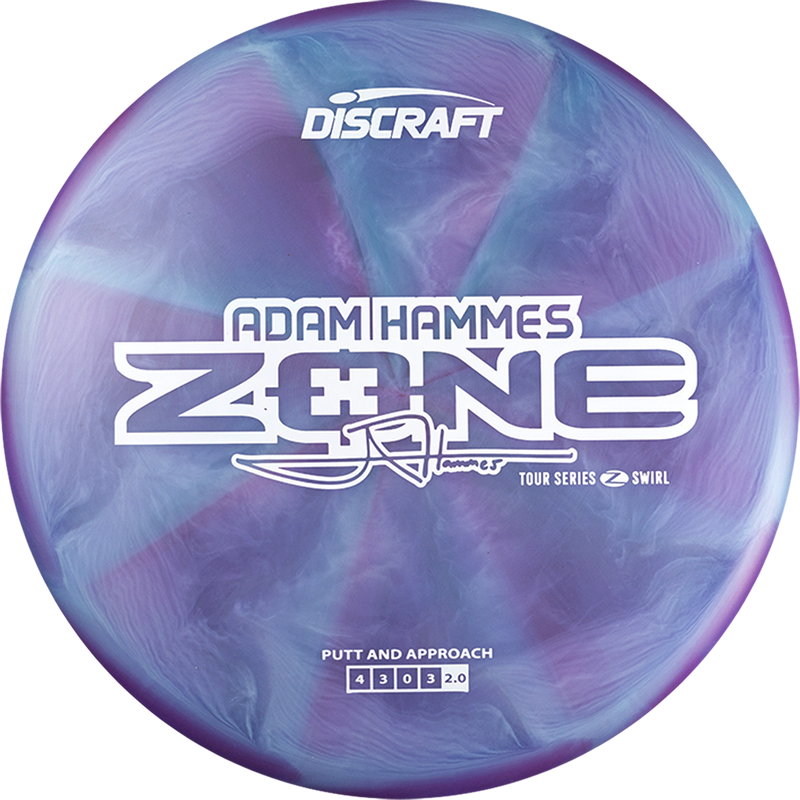 Discraft Z Swirl Zone midrange disc, Adam Hammes 2025 Tour Series stamp, blue and purple disc
