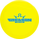 Dynamic Discs Fuzion Treason driver disc, First Run Treason stamp, yellow disc