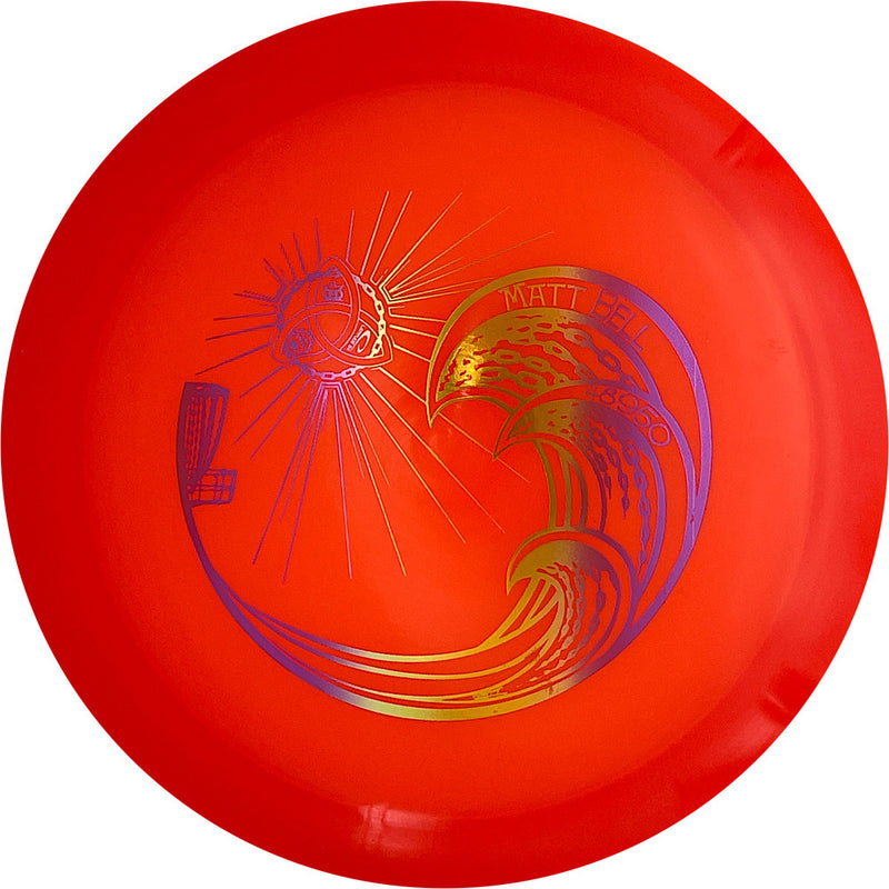 Dynamic Discs Lucid Enforcer driver disc, Matt Bell Trilogy Tour Stamp Chain Waves stamp, orange disc