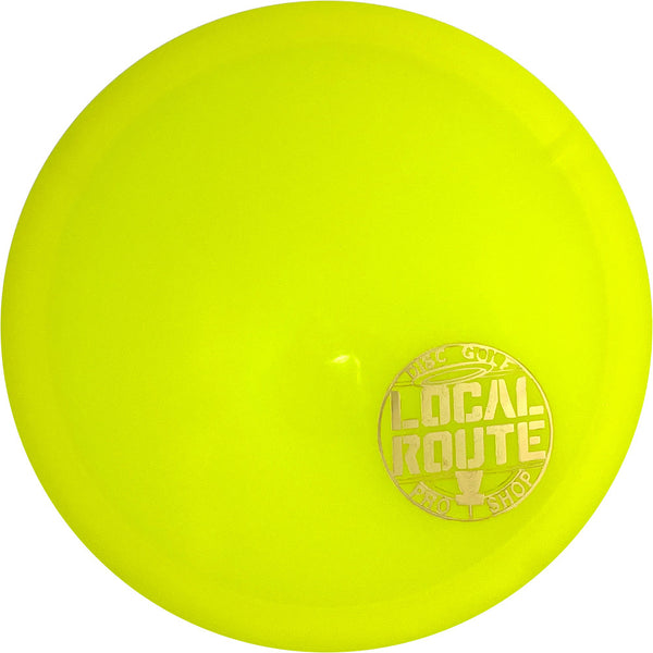 Dynamic Discs Lucid Verdict midrange disc, Local Route "In the Circle" Mini Stamp stamp, yellow disc