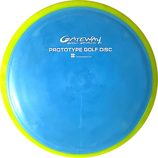 Gateway Suregrip Assassin Overmold fairway driver disc, Proto Stamp stamp, light blue disc with yellow rim