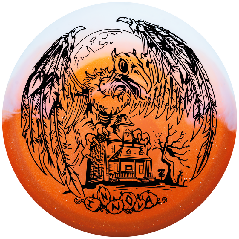 Innova Duo Roc3 midrange disc, 2025 XXL Halloween Roc3 stamp, white and orange disc