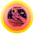 Innova Halo Champion Roadrunner driver disc, Holly Finley 2025 Tour Series stamp, pink disc with yellow rim