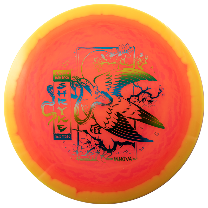Innova Halo Champion Shryke driver disc, Jessica Weese 2025 Tour Series stamp, orange disc with dark yellow rim