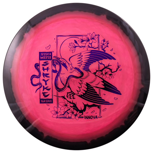 Innova Halo Champion Shryke driver disc, Jessica Weese 2025 Tour Series stamp, pink disc with black rim
