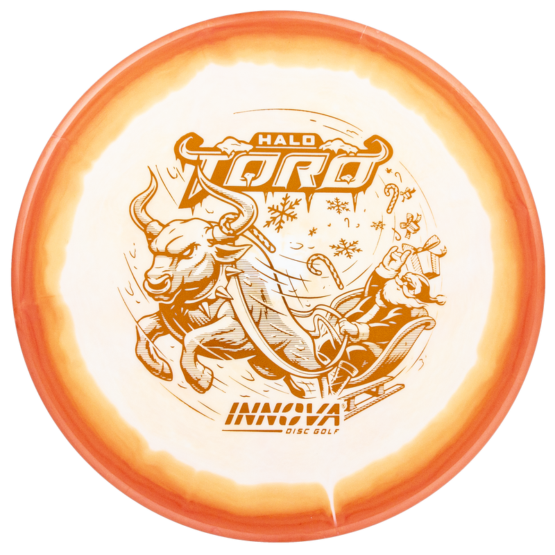 Innova Halo Star Calvin Heimburg Toro midrange disc, 2024 Christmas Toro Sleigh stamp, white disc with orange rim