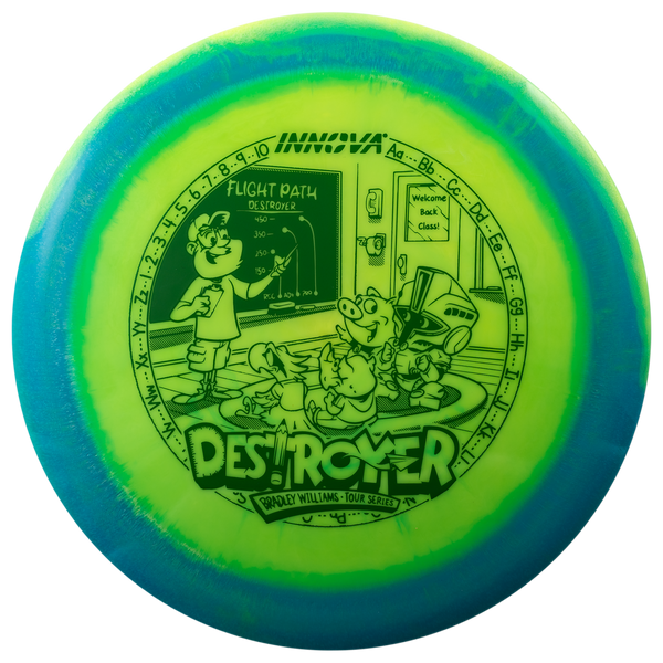 Innova Halo Star Destroyer driver disc, Bradley Williams 2025 Tour Series "Baby Destroyer" stamp, light green disc with blue and light green rim
