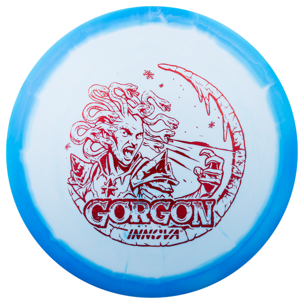 Innova Halo Star Gorgon driver disc, 2025 Gorgon Holiday Stamp stamp, white disc with blue rim
