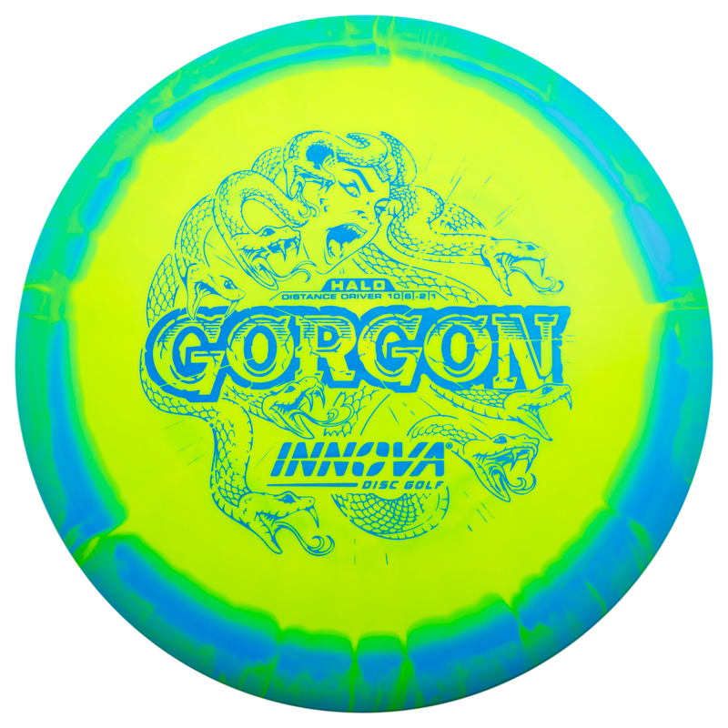 Innova Halo Star Gorgon driver disc, yellow disc with blue and green rim
