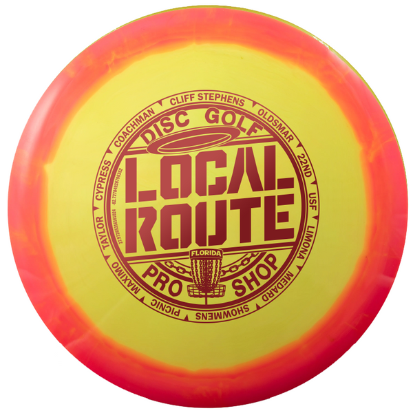 Innova Halo Star Mako3 midrange disc, Local Route "Circle the Bay" stamp, yellow disc with orange rim