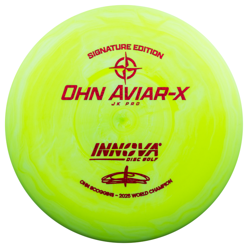 Innova JK Pro Aviar-X putt & approach disc, Ohn Scoggins 2025 World Champion Signature Series stamp, green yellow disc