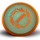 Innova Metal Flake Halo Champion Mako3 midrange disc, Kona Montgomery 2026 Tour Series stamp, teal disc with orange rim