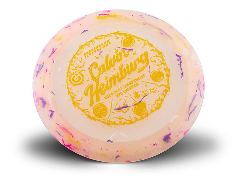 Innova Party Time Destroyer driver disc, Calvin Heimburg 2025 DGPT Champion stamp, light orange and multi color disc