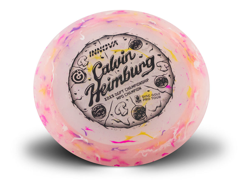 Innova Party Time Destroyer driver disc, Calvin Heimburg 2025 DGPT Champion stamp, light pink and multi color disc