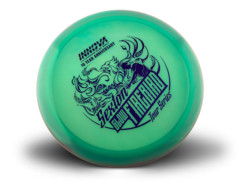 Innova Proto Glow Champion Firebird driver disc, Nate Sexton Tour Series 10 Year Anniversary stamp, teal disc