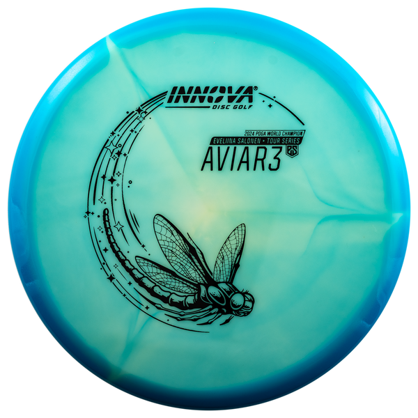 Innova Proto Glow Halo Star Aviar3 putt & approach disc, Eveliina Salonen 2025 Tour Series stamp, light blue disc with blue rim