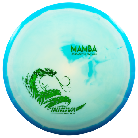 Innova Proto Glow Halo Star Mamba driver disc, Juliana Korver 2025 Tour Series stamp, light blue disc with blue rim