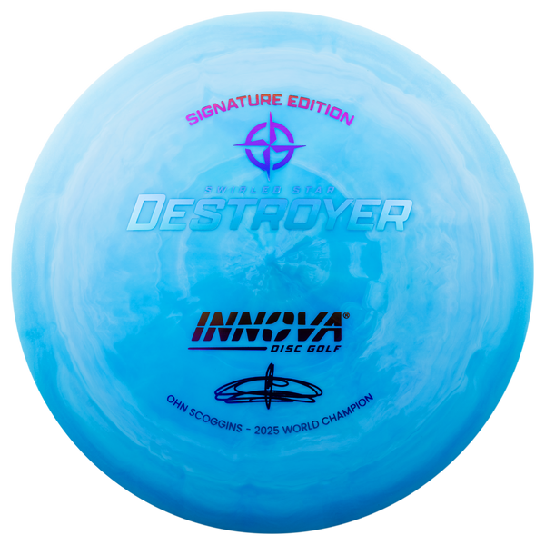 Innova Swirled Star Destroyer driver disc, Ohn Scoggins 2025 World Champion Signature Series stamp, blue and light blue disc