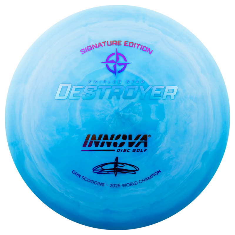 Innova Swirled Star Destroyer driver disc, Ohn Scoggins 2025 World Champion Signature Series stamp, blue and light blue disc