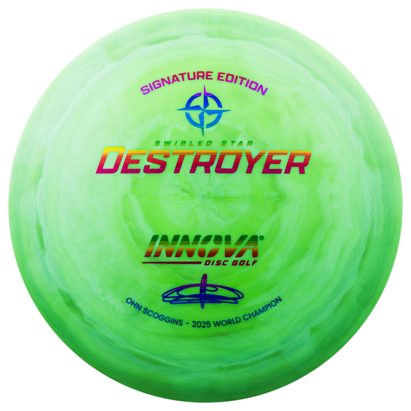 Innova Swirled Star Destroyer driver disc, Ohn Scoggins 2025 World Champion Signature Series stamp, green and light green disc