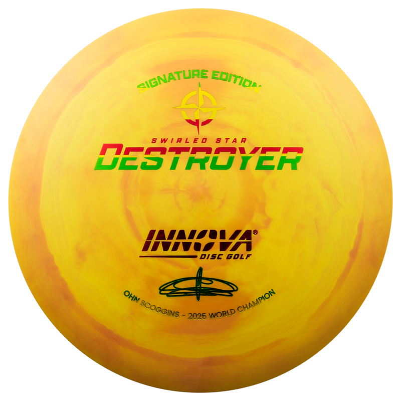 Innova Swirled Star Destroyer driver disc, Ohn Scoggins 2025 World Champion Signature Series stamp, orange and yellow disc