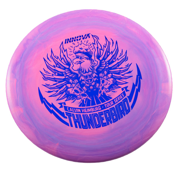 Innova Swirly Star Thunderbird driver disc, Calvin Heimburg 2025 Tour Series Thunderbird stamp, purple and pink disc