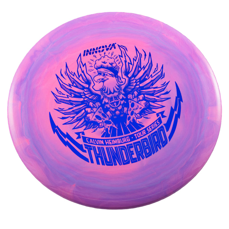 Innova Swirly Star Thunderbird driver disc, Calvin Heimburg 2025 Tour Series Thunderbird stamp, purple and pink disc