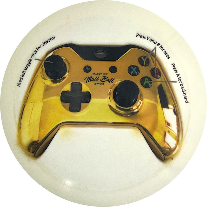 Latitude 64 Gold Bolt driver disc, Matt Bell Game Controller Decodye stamp, white disc