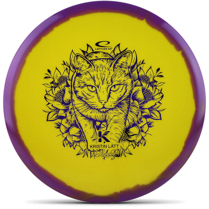 Latitude 64 Gold Orbit Claymore midrange disc, Kristin Latt 2025 Team Series stamp, yellow disc with purple rim