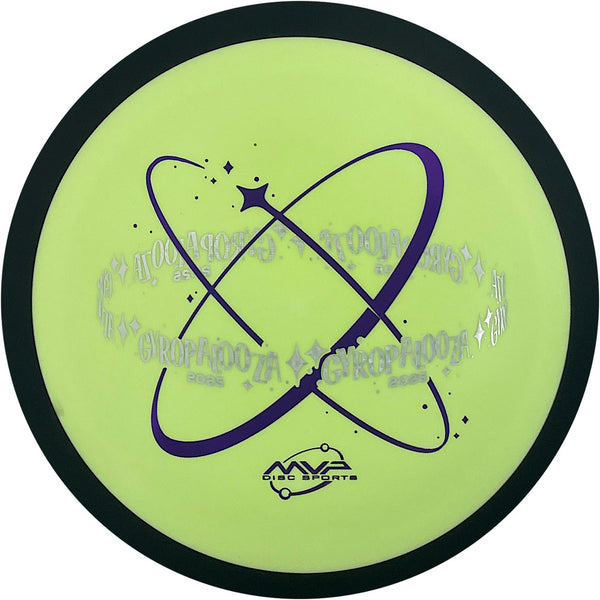 MVP Fission Dimension driver disc, 2025 GYROpalooza Orbit Stamp stamp, light green disc