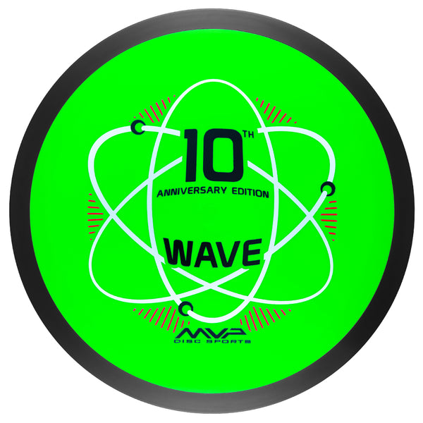 MVP Neutron Wave driver disc, GYROpalooza 2025 "Neutron Wave 10 Year Anniversary" stamp, green disc