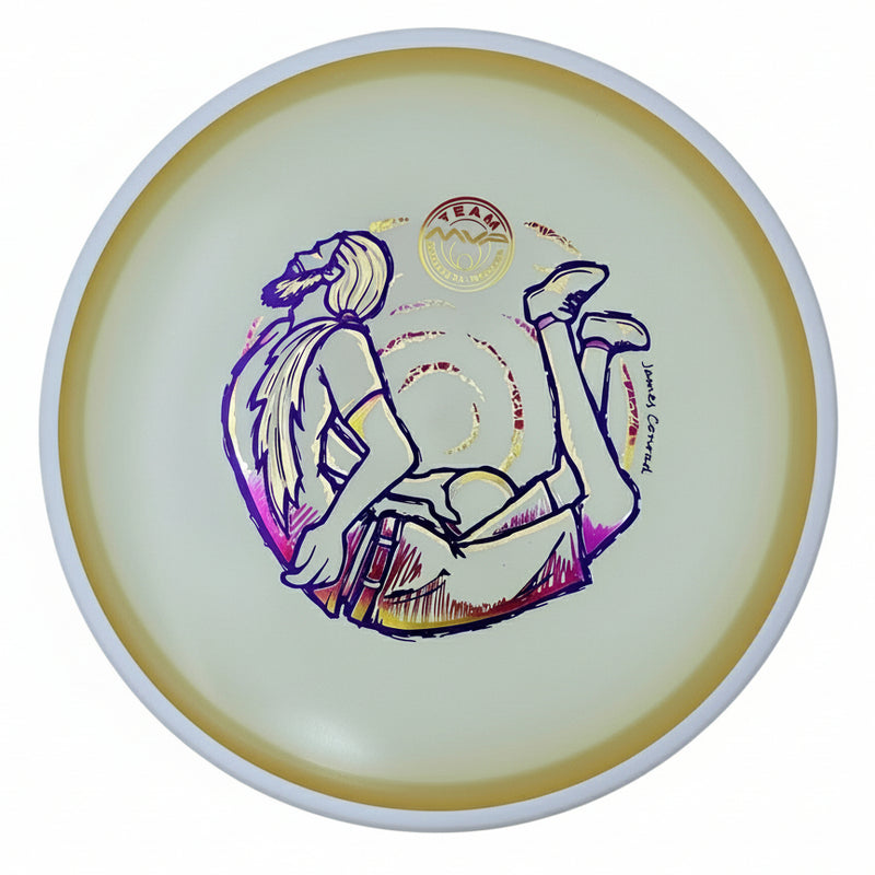 MVP Particle Eclipse James Conrad Detour midrange disc, James Conrad 2025 Team Series "Bendy James" stamp, glow disc