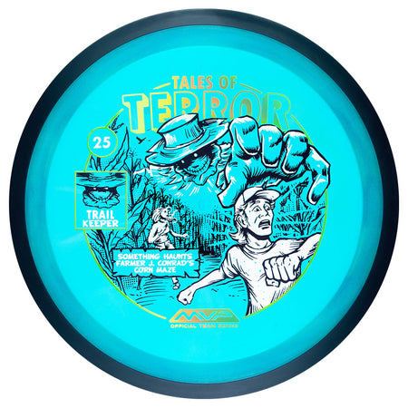 MVP Proton James Conrad Trail driver disc, James Conrad 2025 Team Series Halloween Edition "Tales of Terror" stamp, blue disc