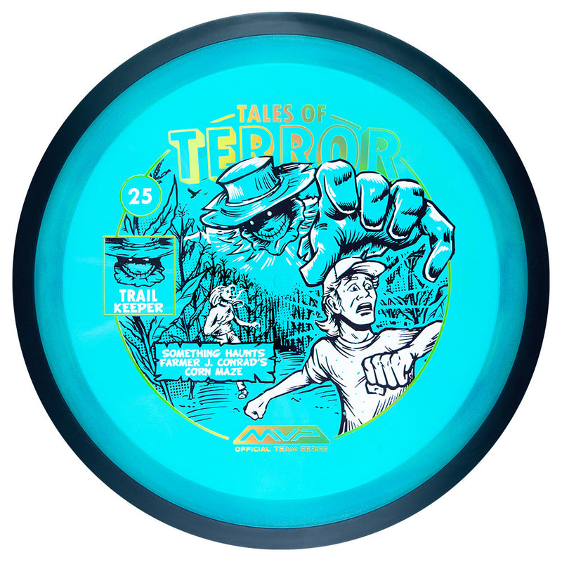 MVP Proton James Conrad Trail driver disc, James Conrad 2025 Team Series Halloween Edition "Tales of Terror" stamp, blue disc
