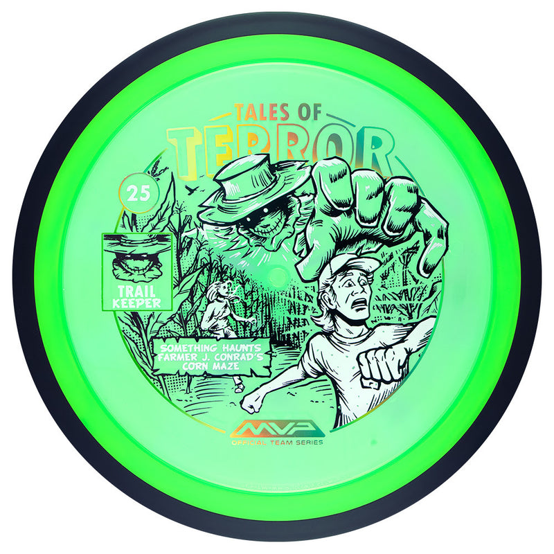MVP Proton James Conrad Trail driver disc, James Conrad 2025 Team Series Halloween Edition "Tales of Terror" stamp, green disc