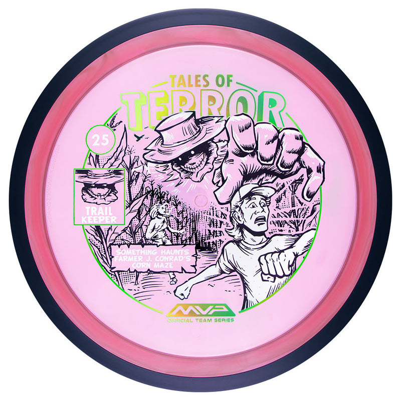 MVP Proton James Conrad Trail driver disc, James Conrad 2025 Team Series Halloween Edition "Tales of Terror" stamp, pink disc