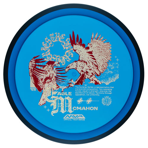 MVP Proton Resistor fairway driver disc, Eagle McMahon Synergy Series "Harmony Through Opposition" stamp, blue disc