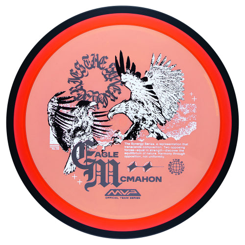 MVP Proton Resistor fairway driver disc, Eagle McMahon Synergy Series "Harmony Through Opposition" stamp, orange disc