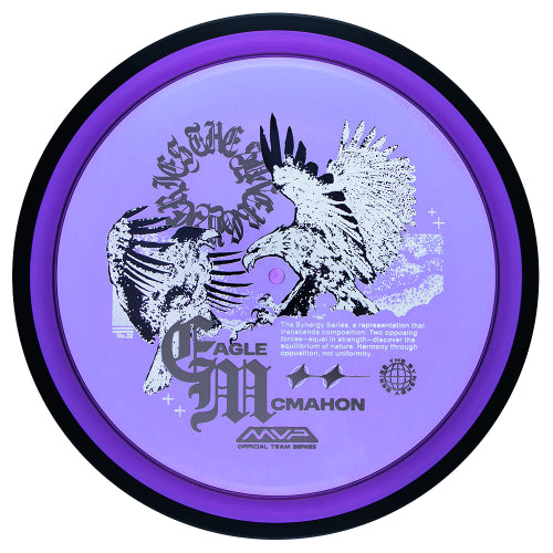 MVP Proton Resistor fairway driver disc, Eagle McMahon Synergy Series "Harmony Through Opposition" stamp, purple disc