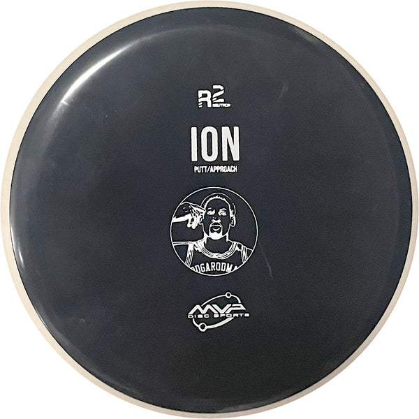 MVP R2 Neutron Anode putt & approach disc, PDGA Rodman Mini Stamp stamp, black disc