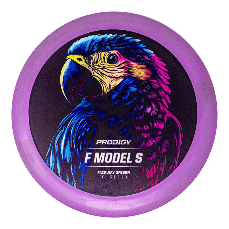 Prodigy ACE Line BaseGrip F Model S fairway driver disc, Retroflight Series stamp, purple disc