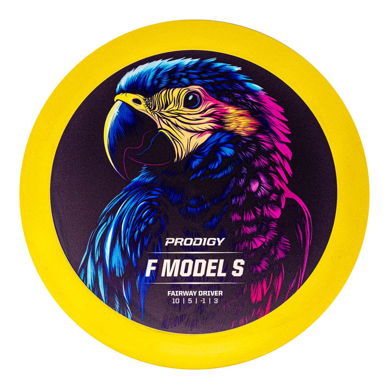 Prodigy ACE Line BaseGrip F Model S fairway driver disc, Retroflight Series stamp, yellow disc