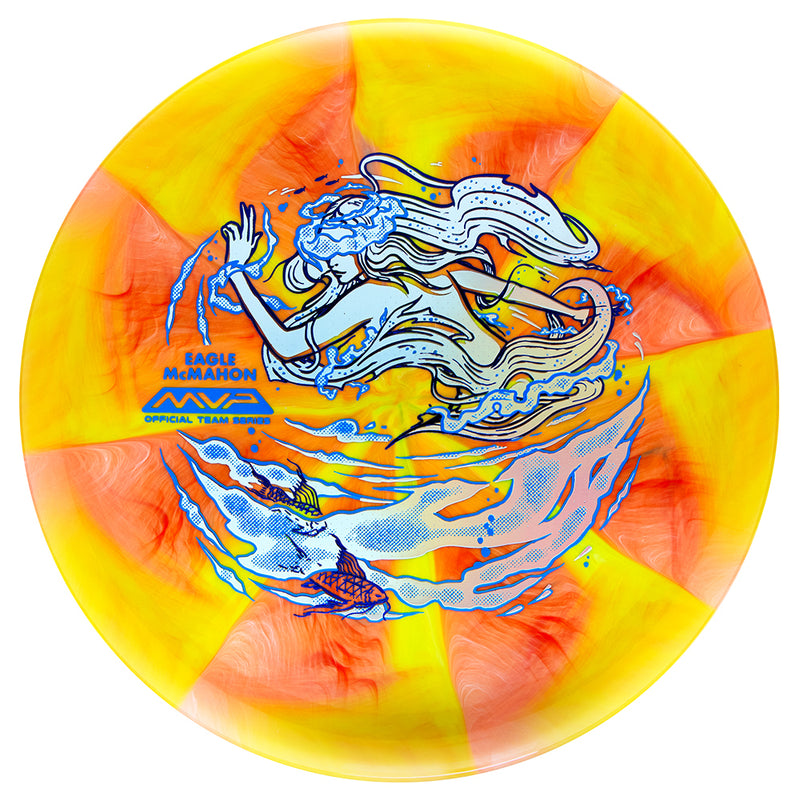 Streamline Cosmic Neutron Range putt & approach disc, Eagle McMahon 2025 Team Series "Elemental Water" stamp, yellow and orange disc