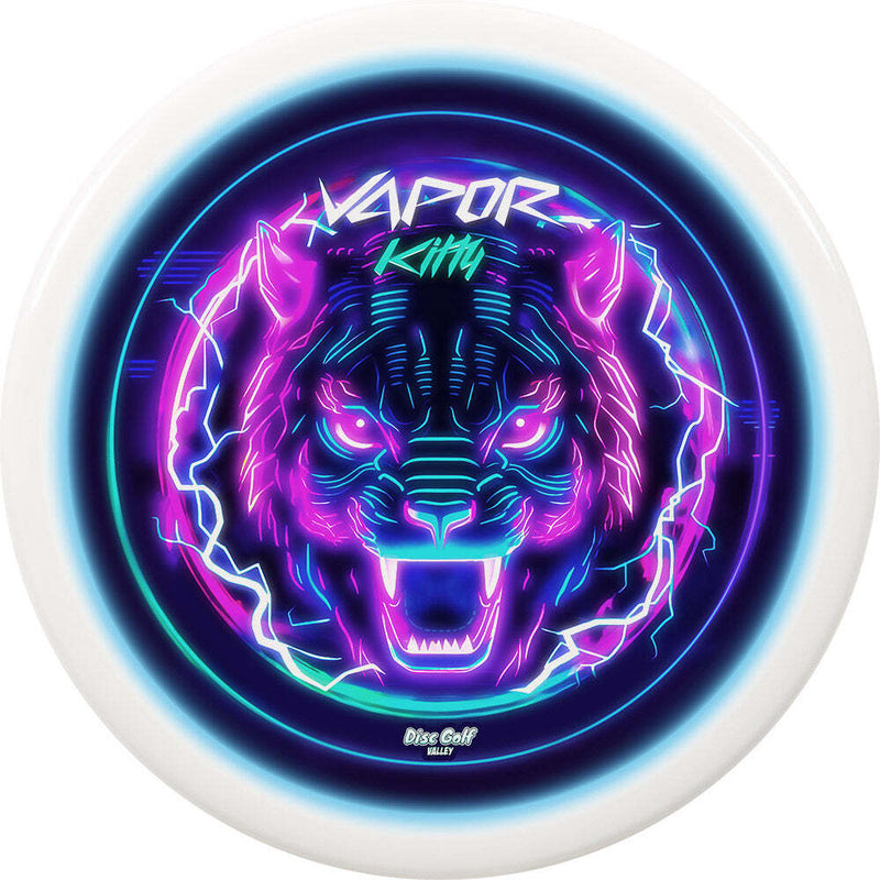 Westside Discs Tournament Bear fairway driver disc, DyeMax Vapor Kitty Disc Golf Valley stamp, white disc