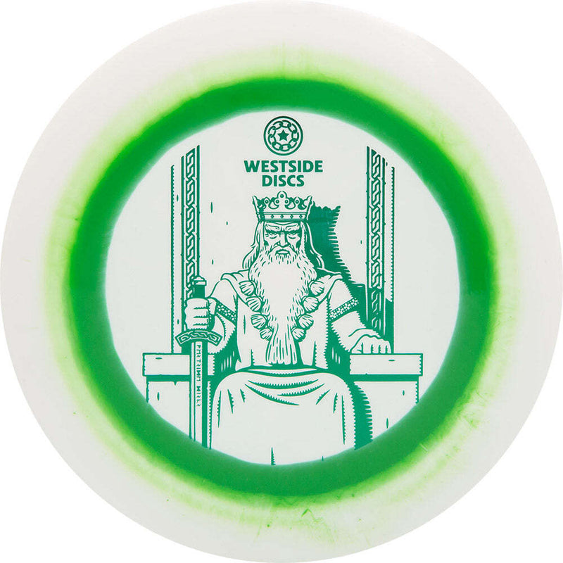Westside Discs Tournament Ring King driver disc, white disc with green and white rim