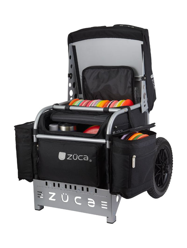 Zuca Arsenal Disc Golf Cart, Silver Zuca Arsenal Disc Golf Cart Frame, Black Zuca Arsenal Disc Golf Cart Insert Bag, Disc Golf Cart, Zuca